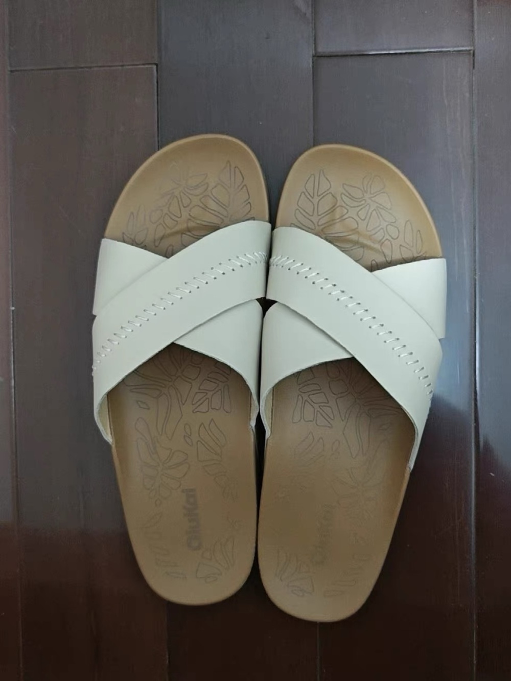 OluKai Women's Beige Cross-Strap Slide Sandals